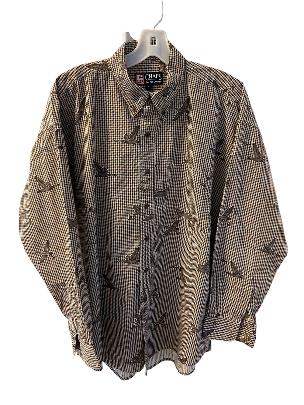 Chaps Ralph Lauren Vintage Duck/ Houndstooth Hunting Mens Shirt Button-Down Sz L